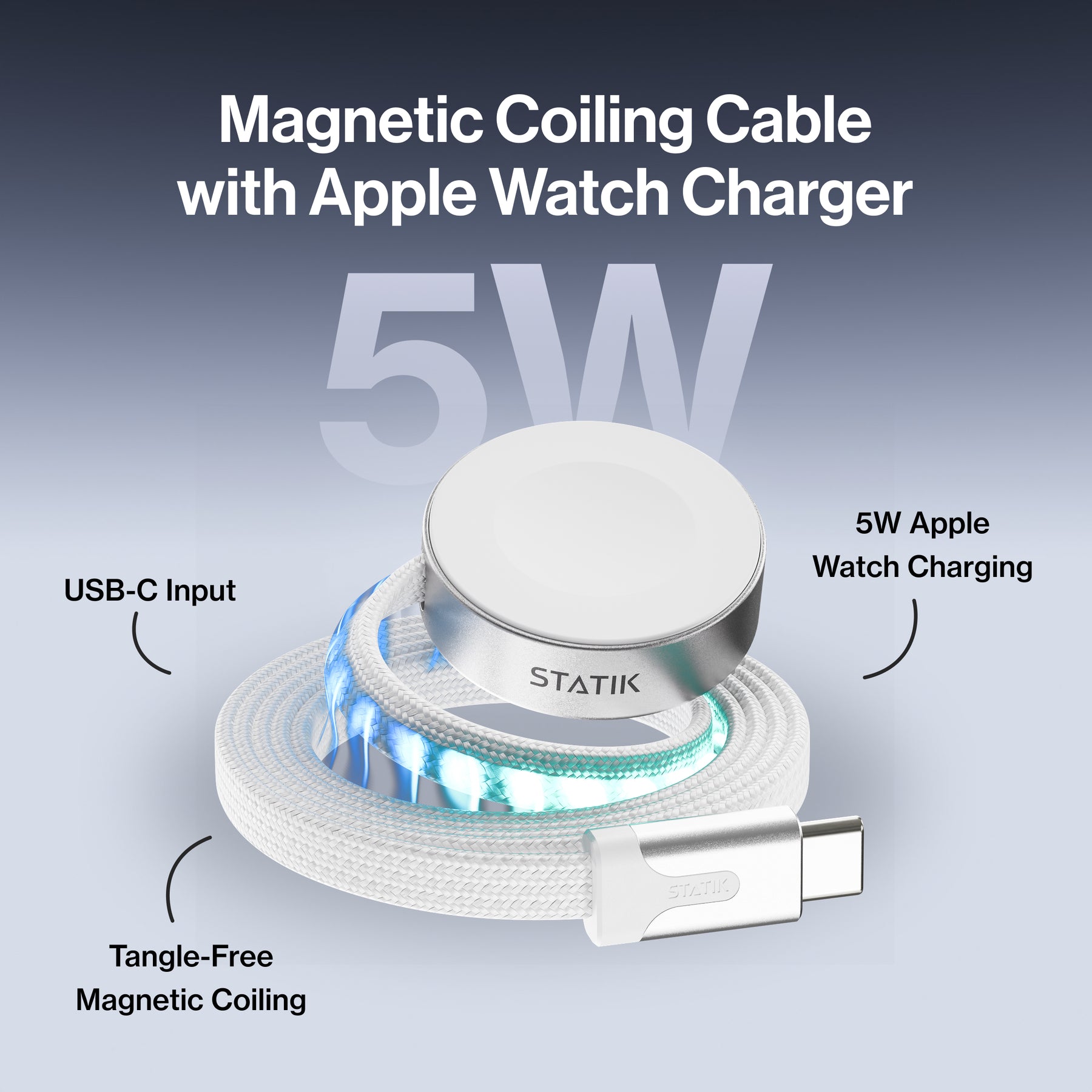 MagStack® Slim For Apple Watch | USB-C Apple Watch Cable | Tangle-Free Magnetic Nylon | 3ft