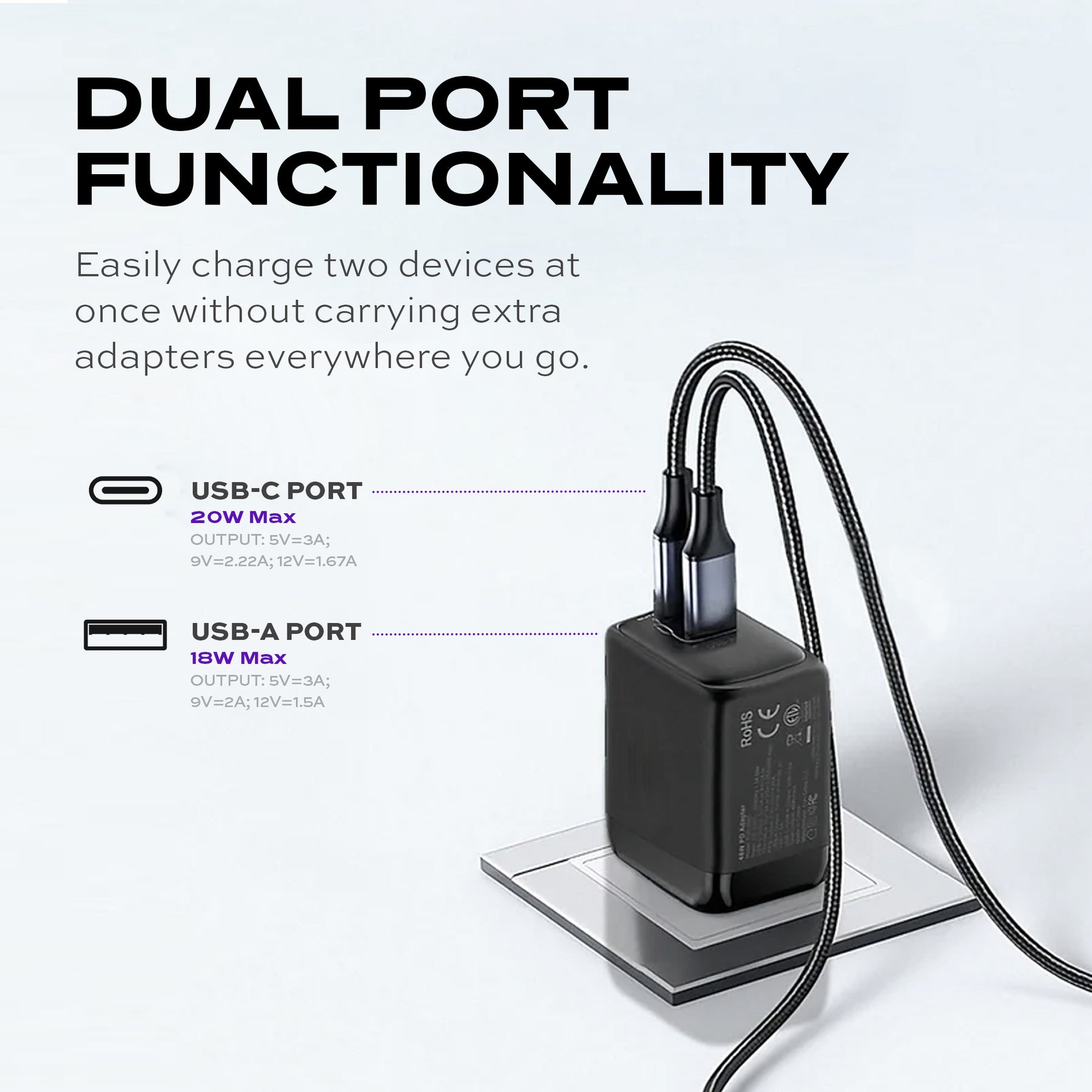 20W GaN Power Adapter | 2 Ports Wall Charger | Universal & Compact