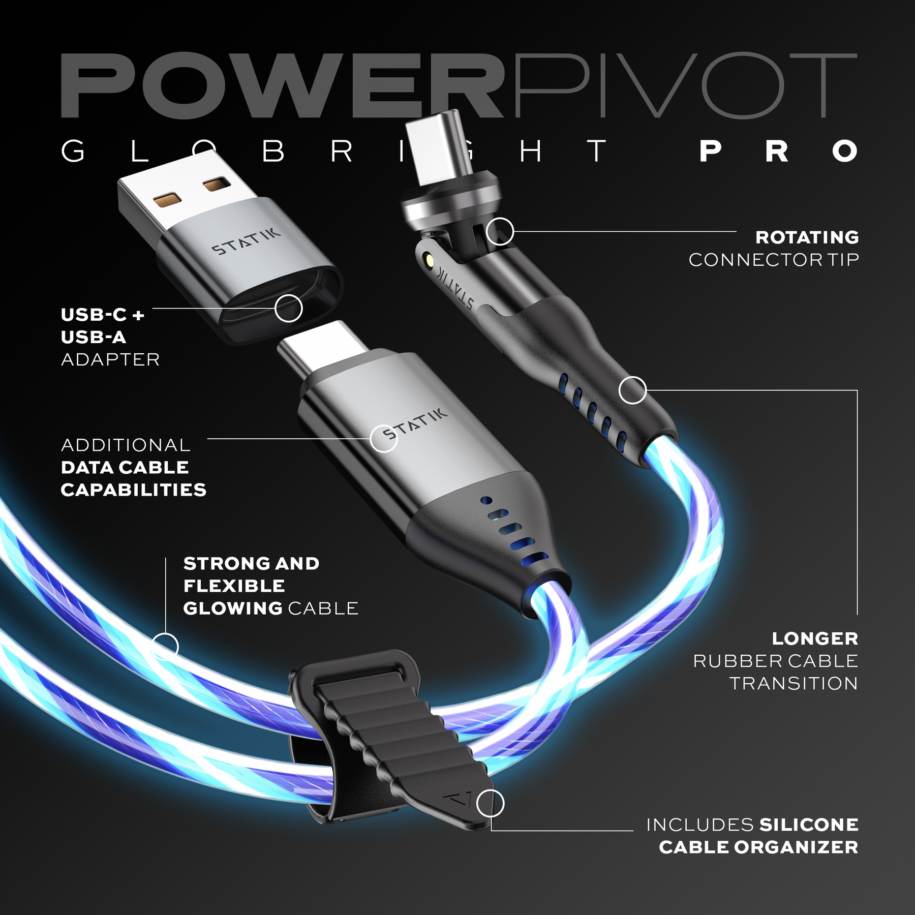 PowerPivot® GloBright® Pro | USB-C to USB-C | Rotating head - Data & Fast Charge | 6.6ft (2m)
