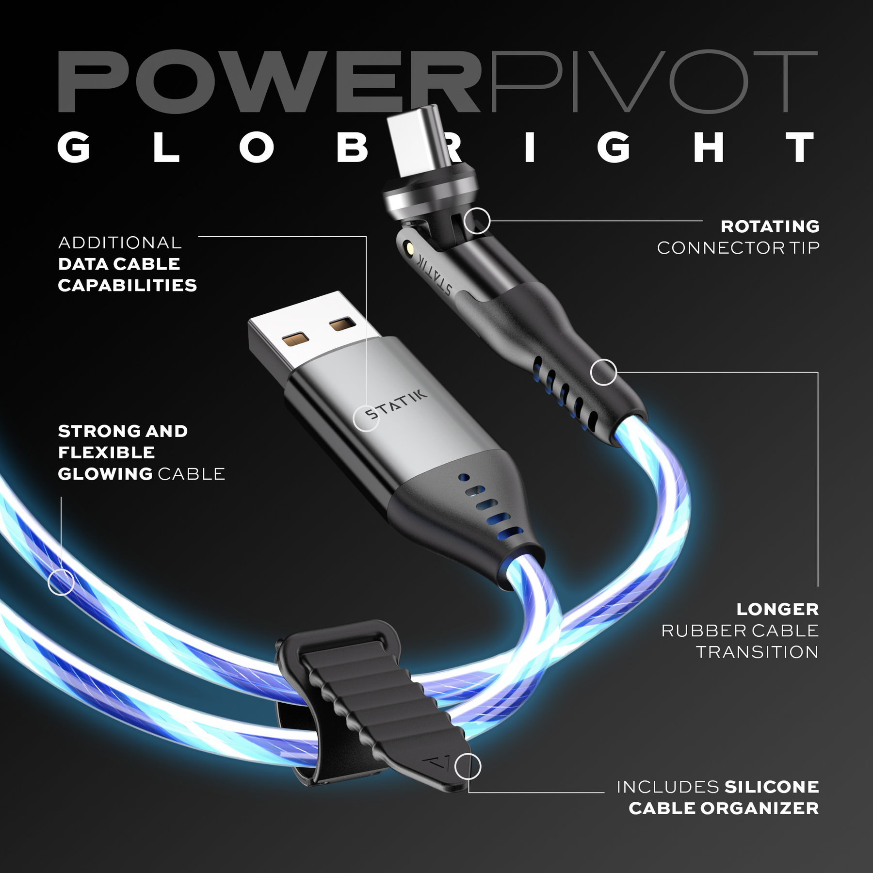 PowerPivot® GloBright® | USB-A to USB-C or Lightning | Data & Charge