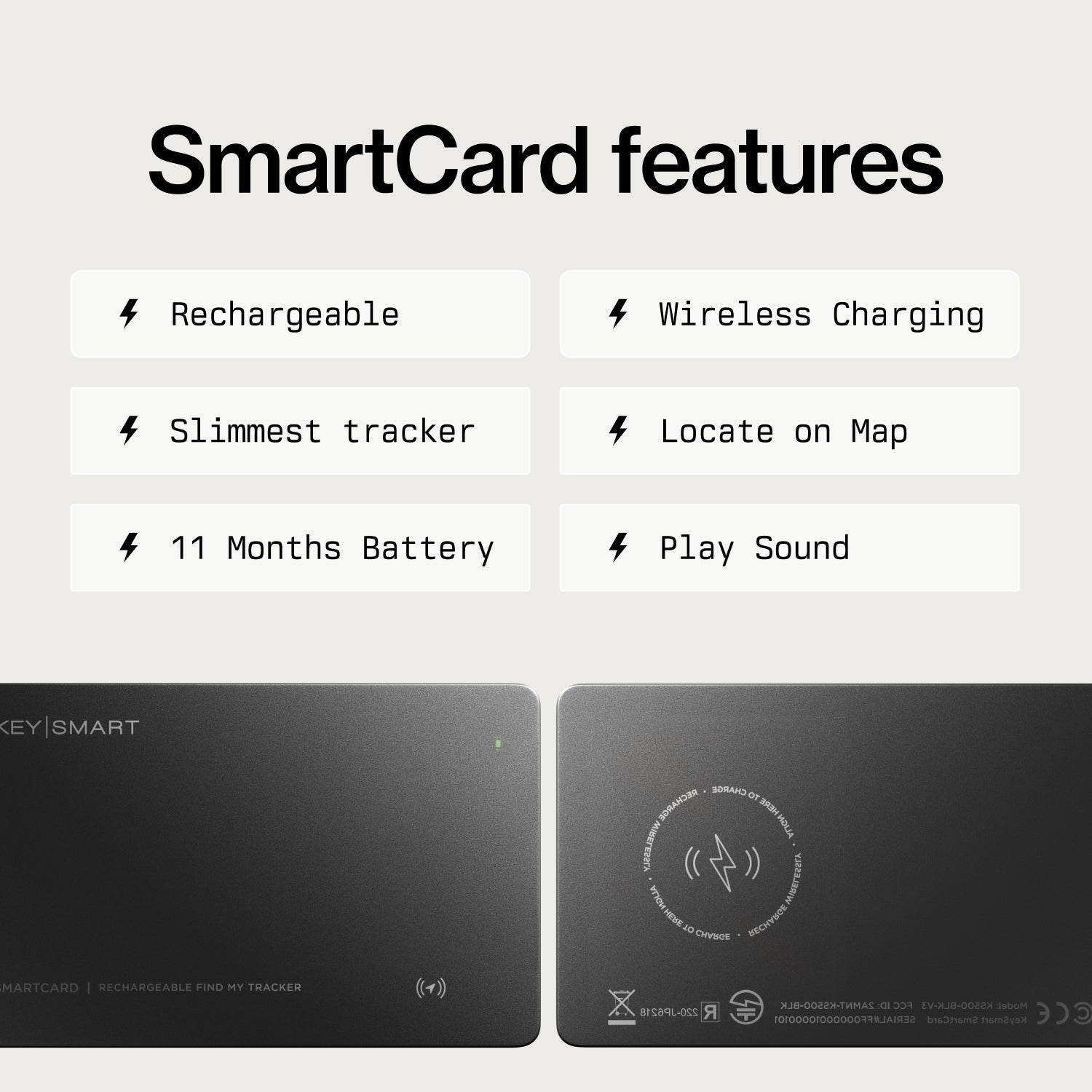 A feature infographic for a KEY|SMART SmartCard tracker, showing text callouts like 'Rechargeable', 'Wireless Charging', 'Slimpest tracker', 'Locate on Map', '11 Months Battery', and 'Play Sound' above two black product photos of the tracker and its wireless charging surface.