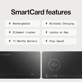 A feature infographic for a KEY|SMART SmartCard tracker, showing text callouts like 'Rechargeable', 'Wireless Charging', 'Slimpest tracker', 'Locate on Map', '11 Months Battery', and 'Play Sound' above two black product photos of the tracker and its wireless charging surface.