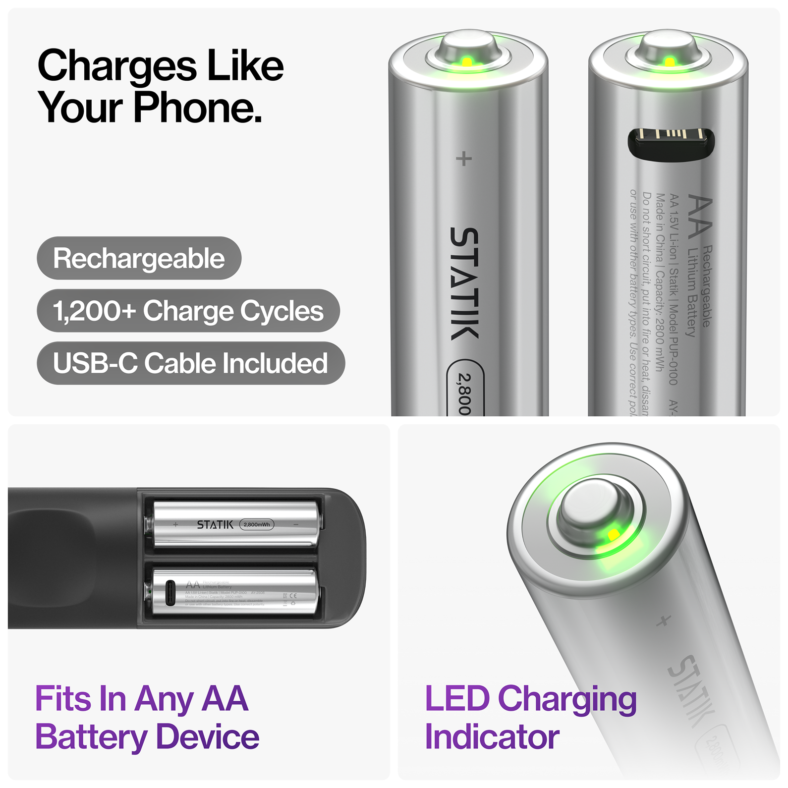 Rechargeable AA Batteries |  4 Pack | USB-C Rechargeable