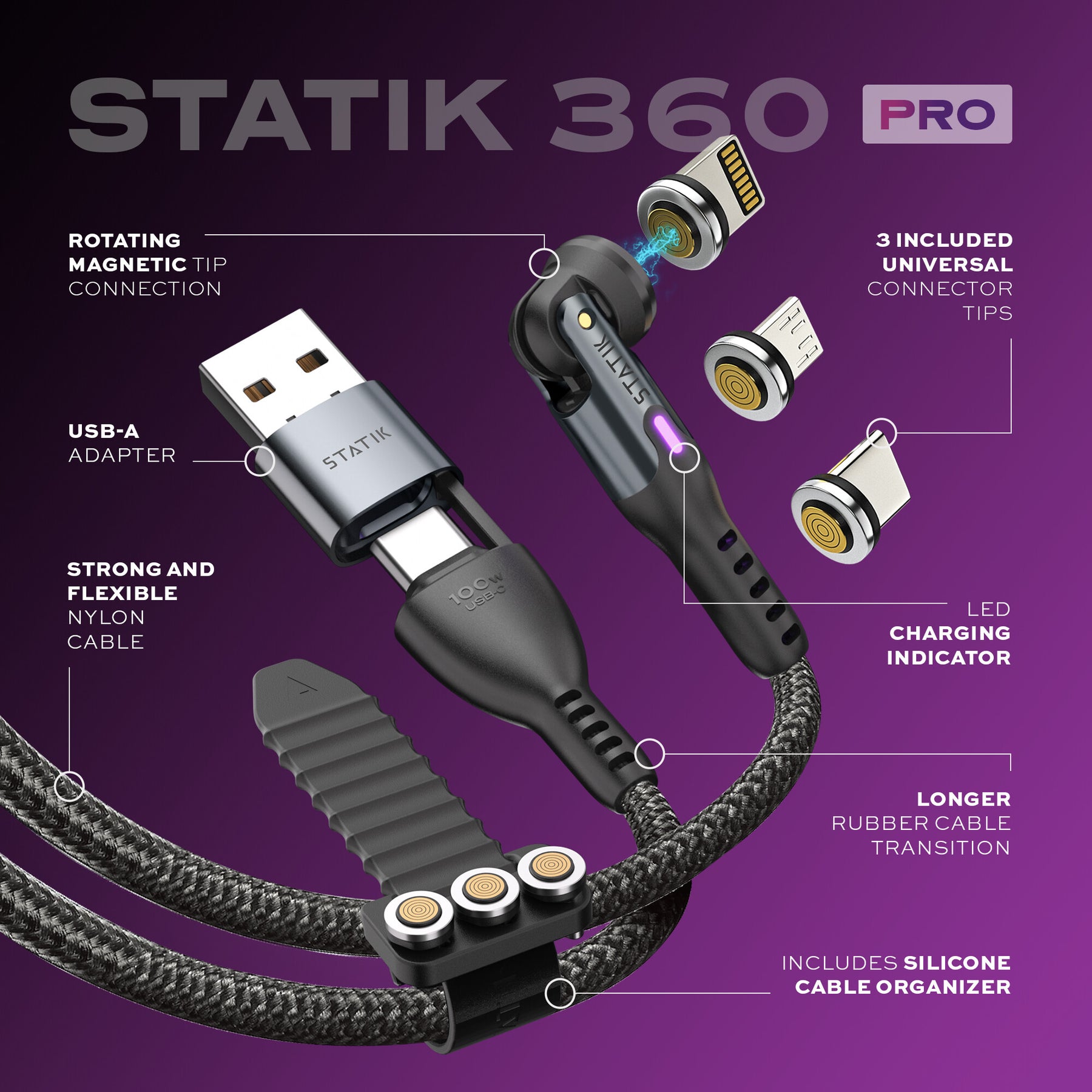 Statik® 360 Pro | 100W Universal Charge & Data Cable LP | UP