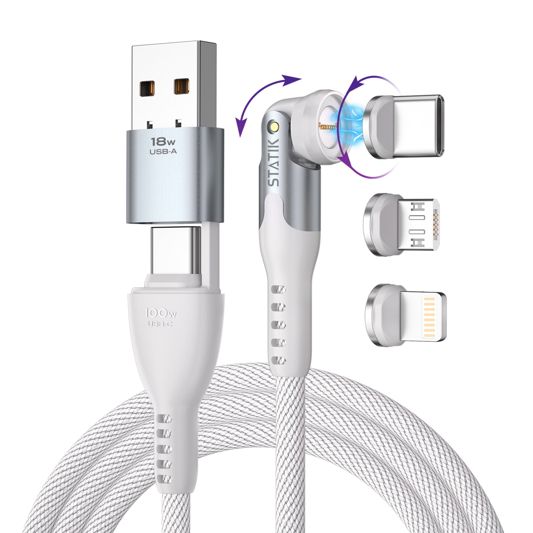 Statik 360 Pro | Universal 5-in-1 Ultra-Fast Rotating Magnetic Charging & Data Transfer Cable | USB-C, Lightning & Micro-USB / PMX