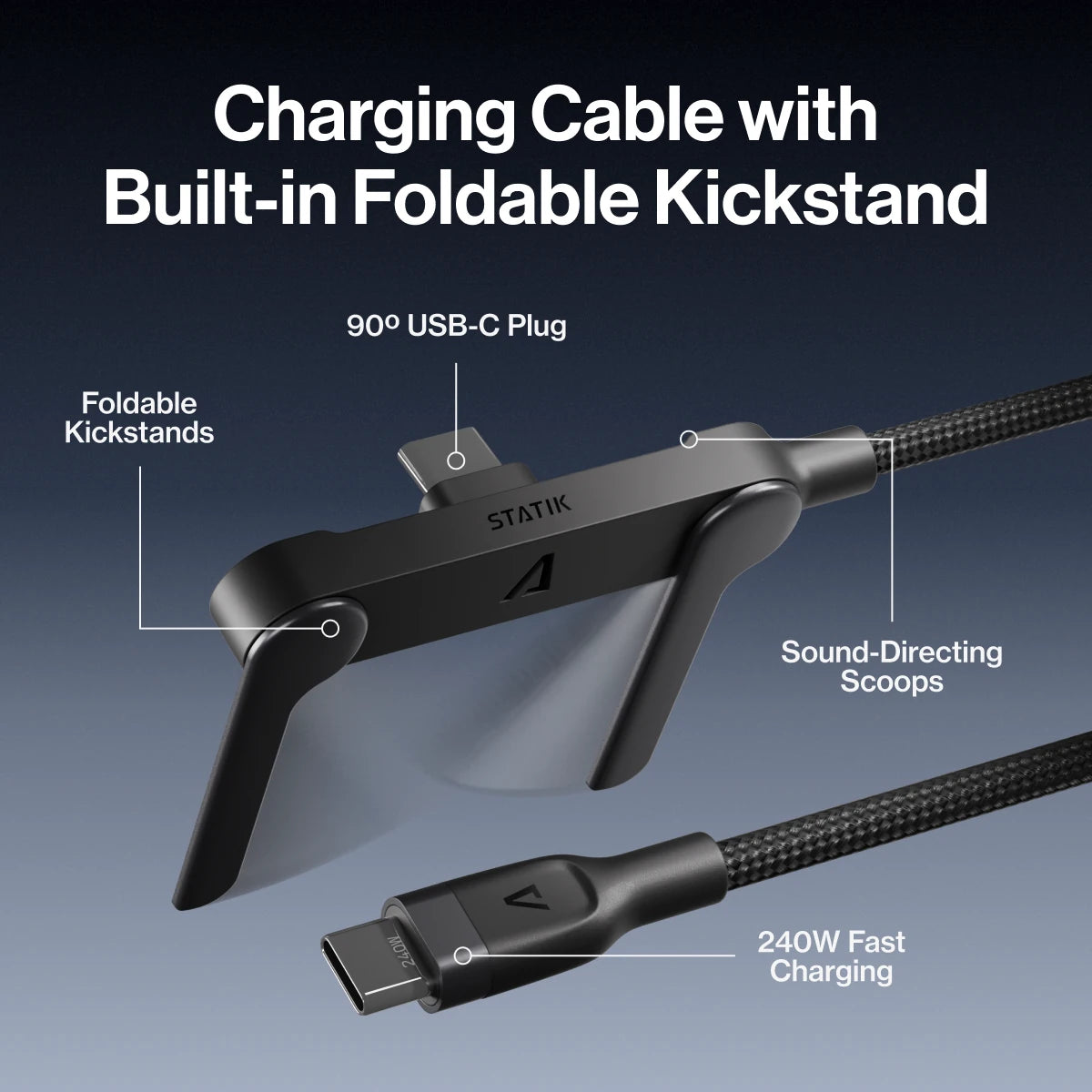 PowerStand charging cable with built-in foldable kickstand, 90° USB-C plug and sound-directing scoops