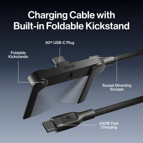 PowerStand charging cable with built-in foldable kickstand, 90° USB-C plug and sound-directing scoops