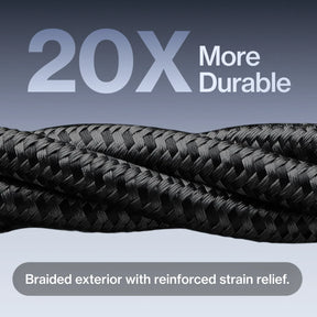20x more durable braided exterior with reinforced strain relief