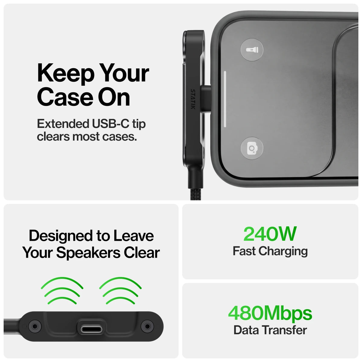 Keep your case on: extended USB-C tip, 240W fast charging, 480Mbps data transfer
