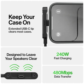 Keep your case on: extended USB-C tip, 240W fast charging, 480Mbps data transfer