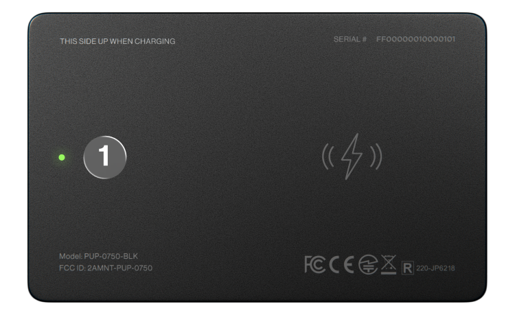 Back of SmartCard: 1 marks the status LED beside the wireless charging bolt.