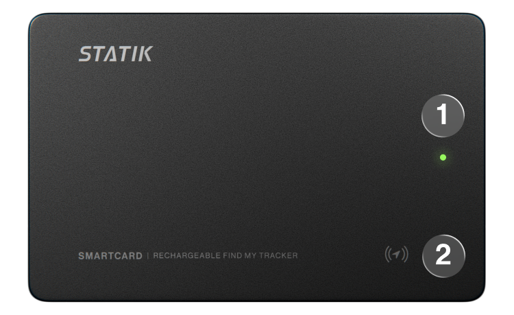 Front of SmartCard: 1 marks the status LED, 2 marks the pairing button.