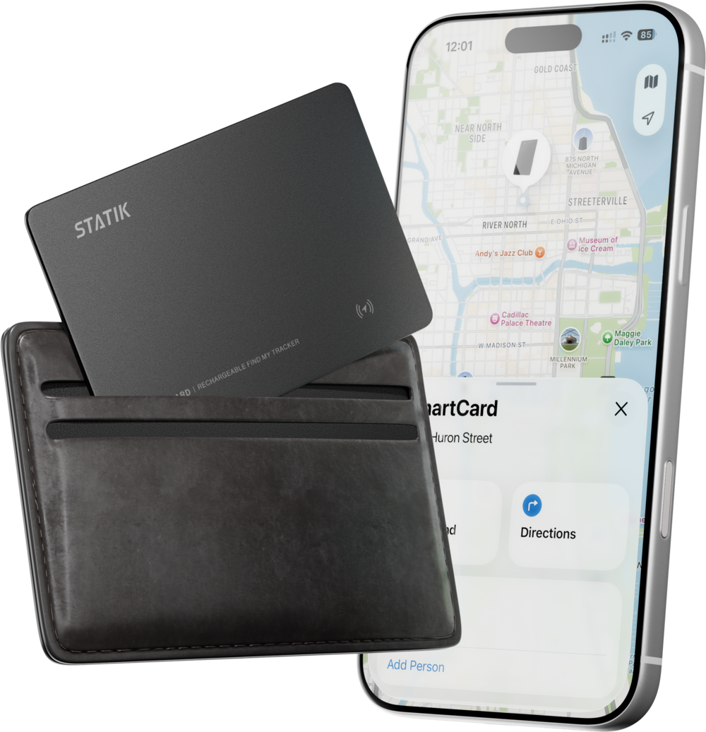 SmartCard in a wallet pocket beside a phone showing its location.