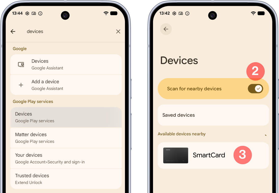 Android settings screens: Scan for nearby devices turned on, with SmartCard listed under available devices.