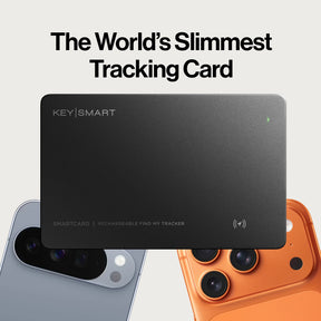 SmartCard, the world's slimmest tracking card, shown with two smartphones