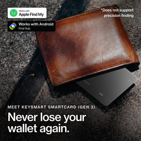 SmartCard in a leather wallet with Works with Apple Find My badge